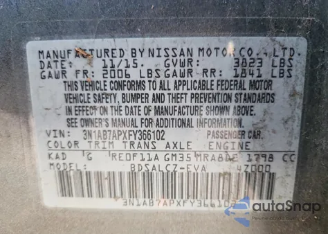 2015 Nissan Sentra S z USA, uszkodzony, nr VIN 3N1AB7APXFY366102